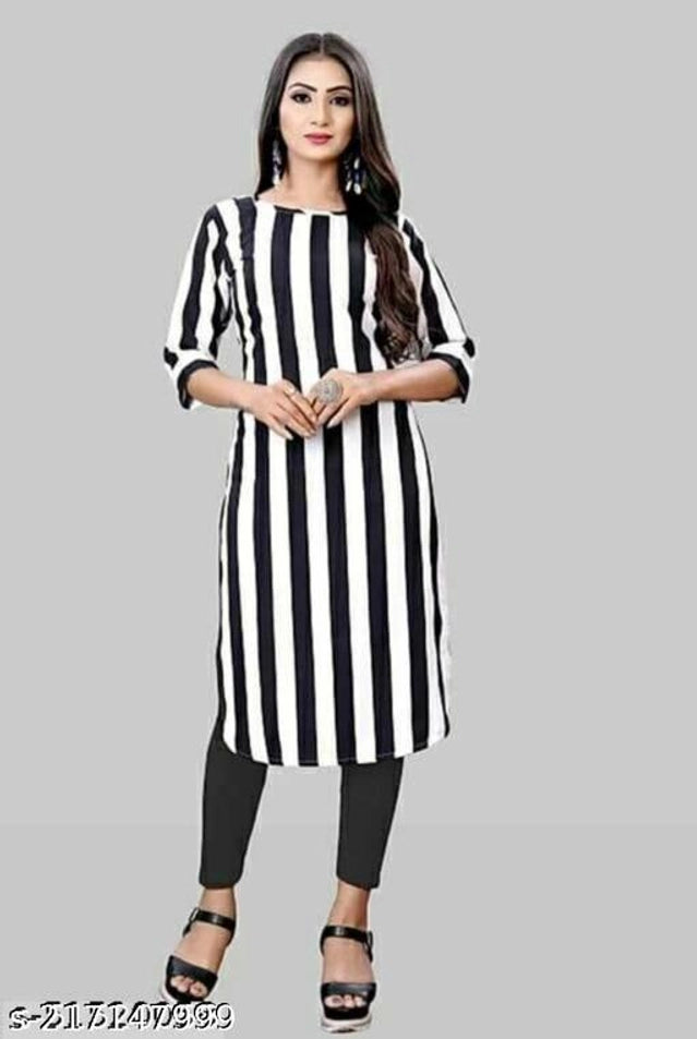 Crepe Striped Kurti for Women (Black & White, S) - ANIBEY