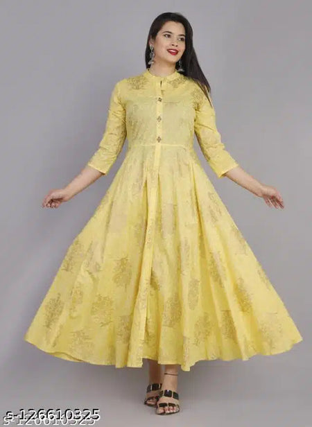 Anarkali Rayon Printed Kurti For Women (Yellow, L) - ANIBEY