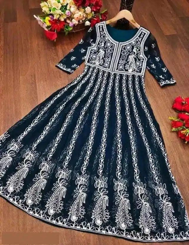 Georgette Embroidered Kurti for Women (Navy Blue & White, S) - ANIBEY