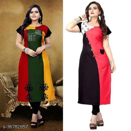 Crepe Printed Kurti for Women (Green & Pink, M) (Pack of 2) - ANIBEY