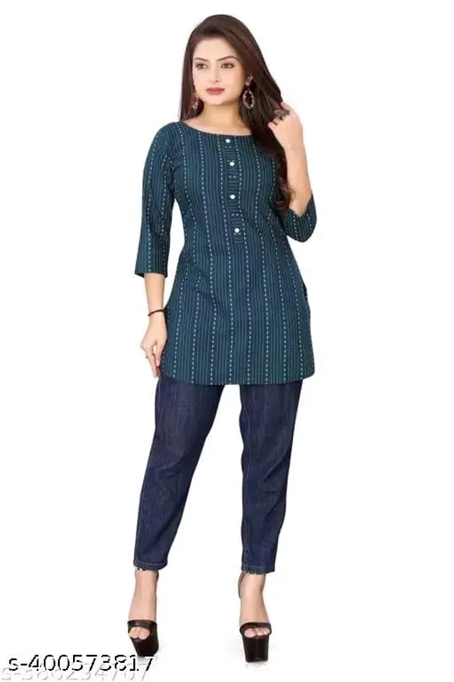 Cotton Solid Short Kurti for Women (Navy Blue, S ) - ANIBEY