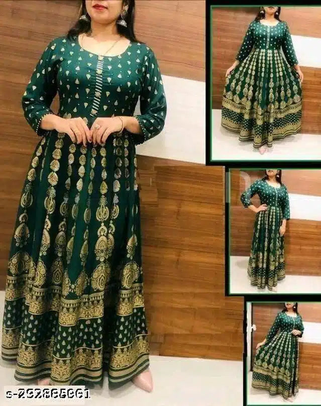 Anarkali Rayon Printed Kurti For Women (Bottle Green & Gold, M) - ANIBEY