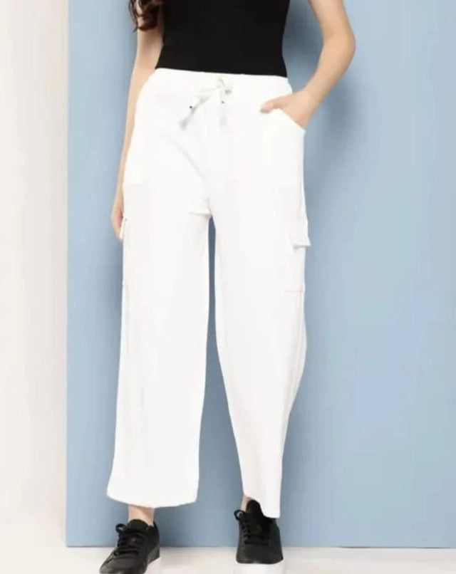 Cotton Blend Straight Fit Trouser for Women (White, S) - ANIBEY