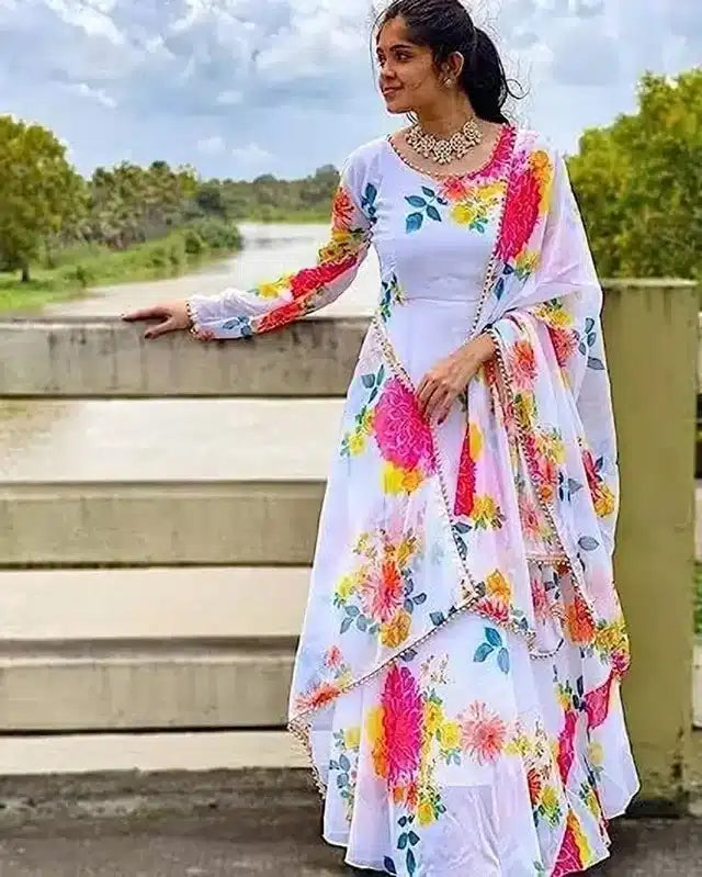 Georgette Printed Gown with Dupatta For Women (White & Pink, M) - ANIBEY