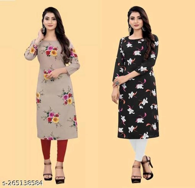 Crepe Printed Kurti for Women (Brown & Black, S) (Pack of 2) - ANIBEY