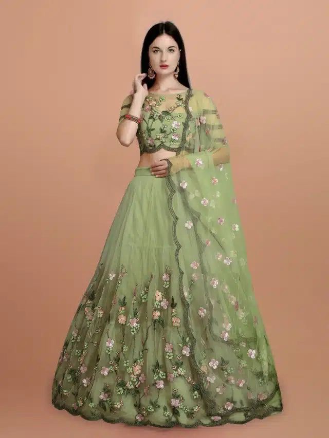 Net Embroidred Semi Stiched Lehenga Choli for Women (Green) - ANIBEY