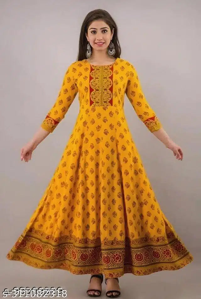 Anarkali Rayon Printed Kurti For Women (Orange, S) - ANIBEY