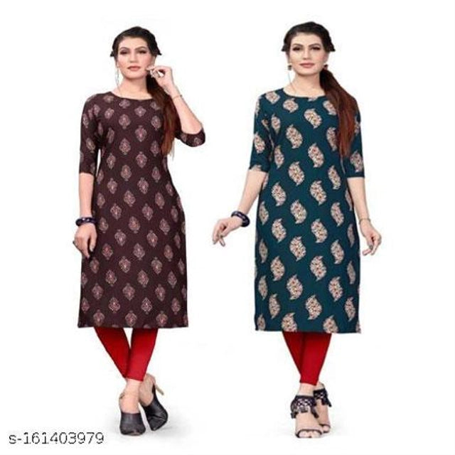 Crepe Printed Kurti for Women (Brown & Green, S) (Pack of 2) - ANIBEY