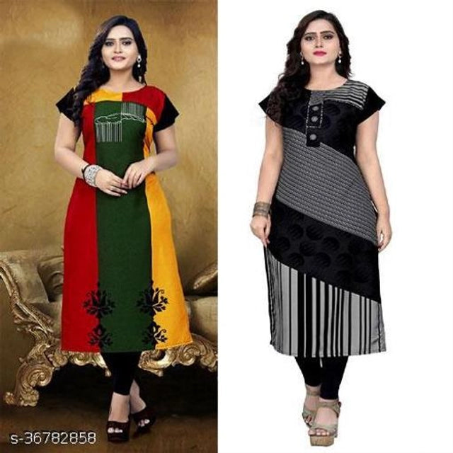 Crepe Printed Kurti for Women (Green & Grey, M) (Pack of 2) - ANIBEY