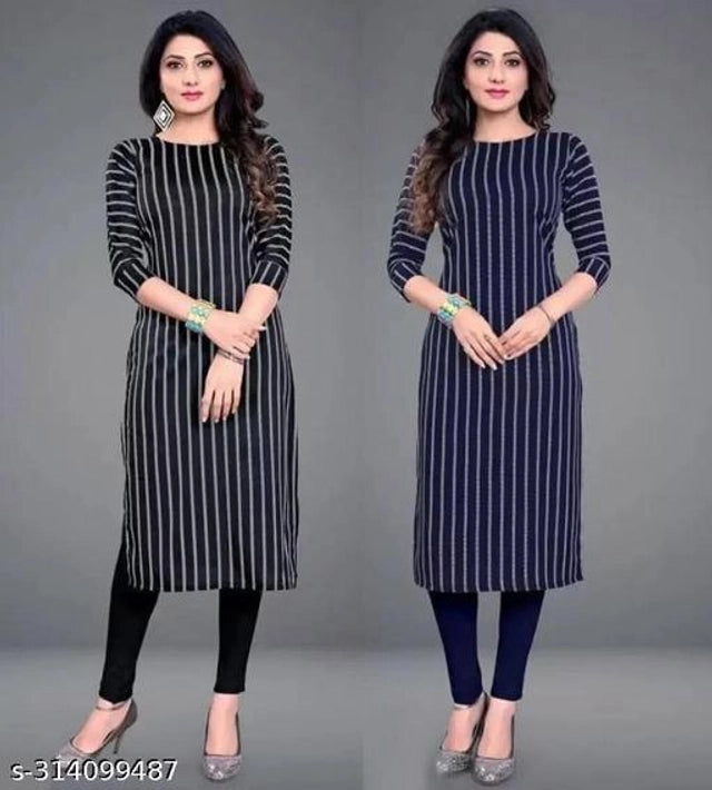 Crepe Striped Kurti for Women (Black & Blue, S) (Pack of 2) - ANIBEY
