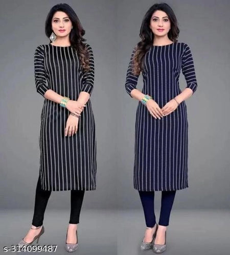 Crepe Striped Kurti for Women (Black & Blue, S) (Pack of 2) - ANIBEY