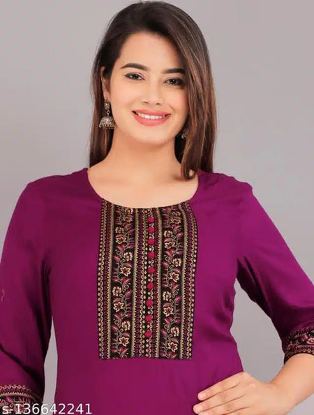 Rayon Embroidered Kurti for Women (Purple, XXS) - ANIBEY