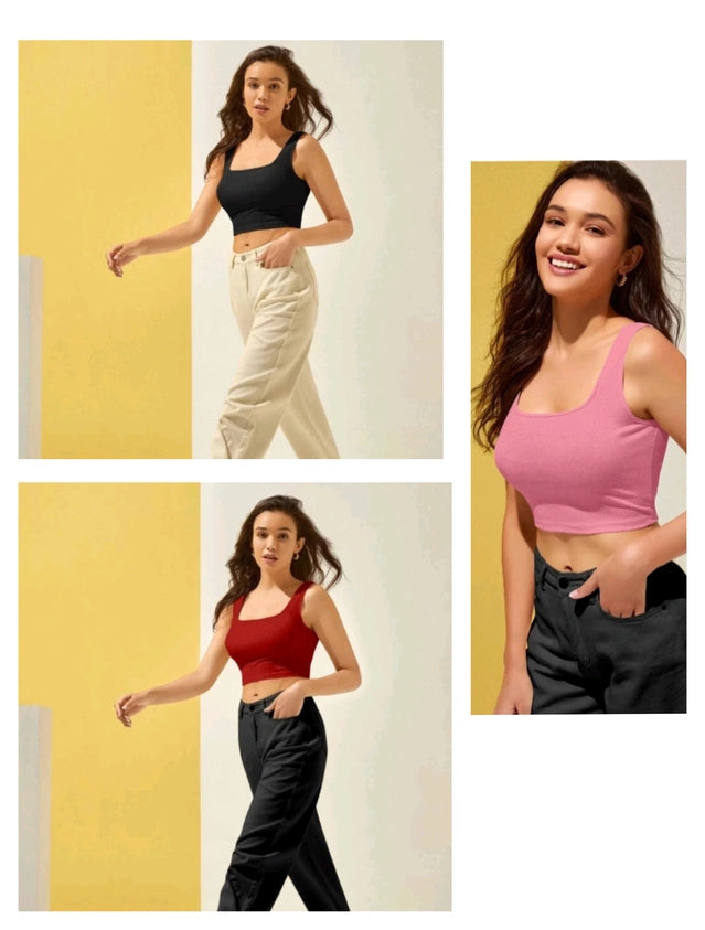 Cotton Blend Solid Top for Women (Multicolor, S) (Pack of 3) - ANIBEY