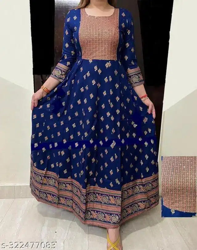 Anarkali Rayon Printed Kurti For Women (Royal Blue & Peach, S) - ANIBEY