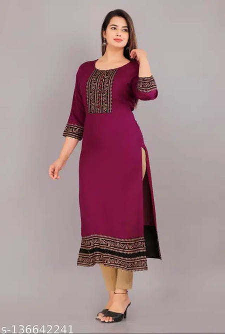 Rayon Embroidered Kurti for Women (Purple, XXS) - ANIBEY