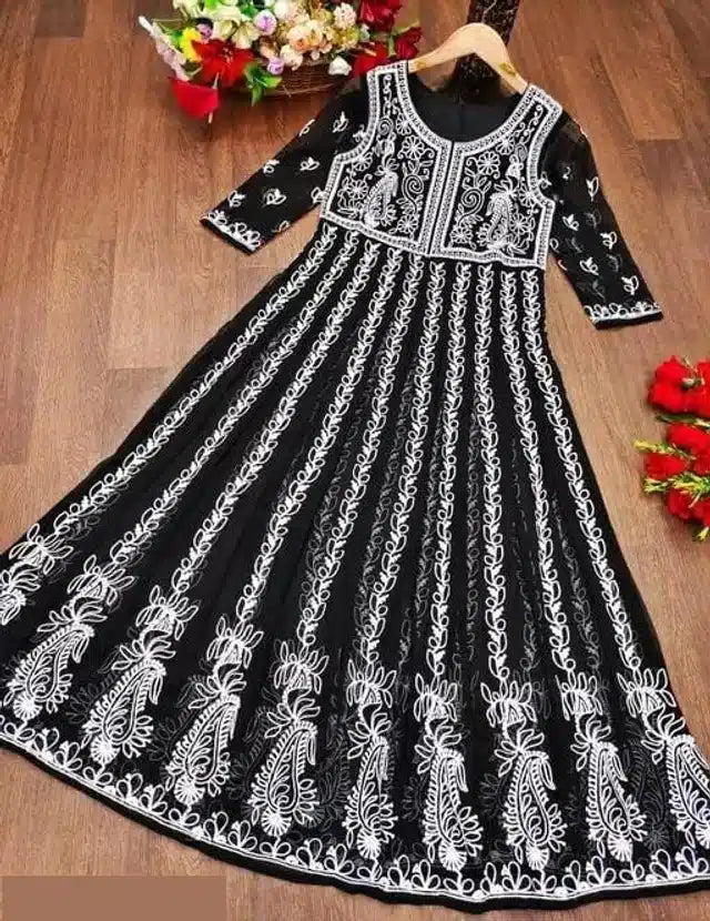 Georgette Embroidered Kurti for Women (Black & White, S) - ANIBEY