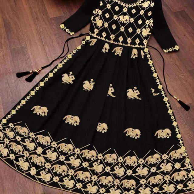 Women's Anarkali Georgette Embroidered Kurti (Black, S) - ANIBEY