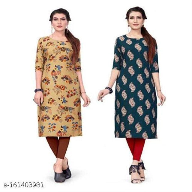 Crepe Printed Kurti for Women (Yellow & Teal, S) (Pack of 2) - ANIBEY