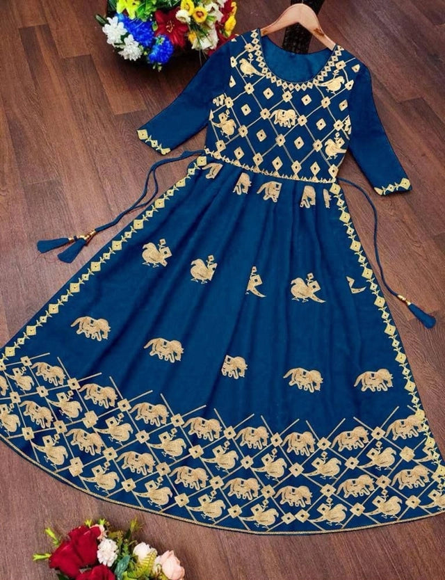 Anarkali Georgette Embroidered Kurti for Women (Teal, S) - ANIBEY