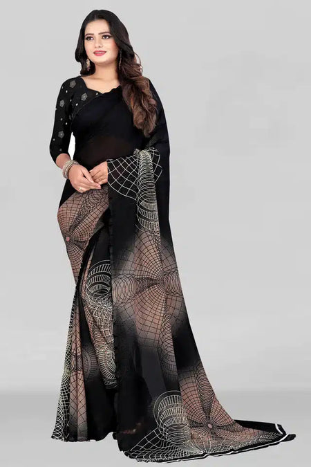 Georgette Printed Saree for Women (Black, 5.95 m) - ANIBEY