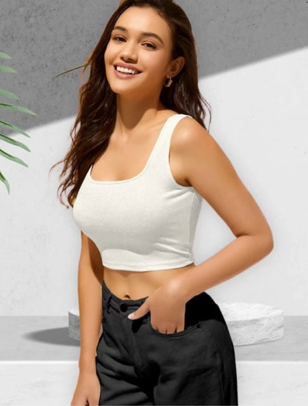 Cotton Blend Solid Top for Women (White, S) - ANIBEY
