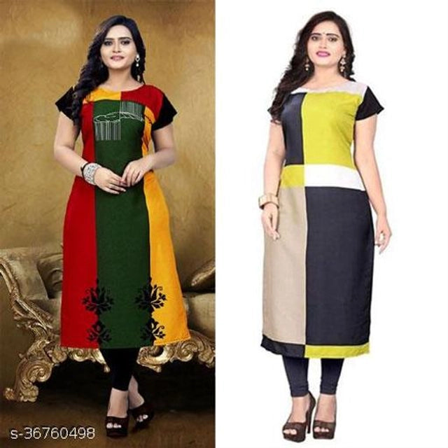Crepe Printed Kurti for Women (Green & Yellow, M) (Pack of 2) - ANIBEY