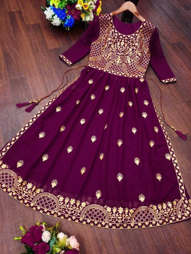 Georgette Embroidered Kurti for Women (Purple, S) - ANIBEY