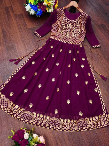 Georgette Embroidered Kurti for Women (Purple, S) - ANIBEY