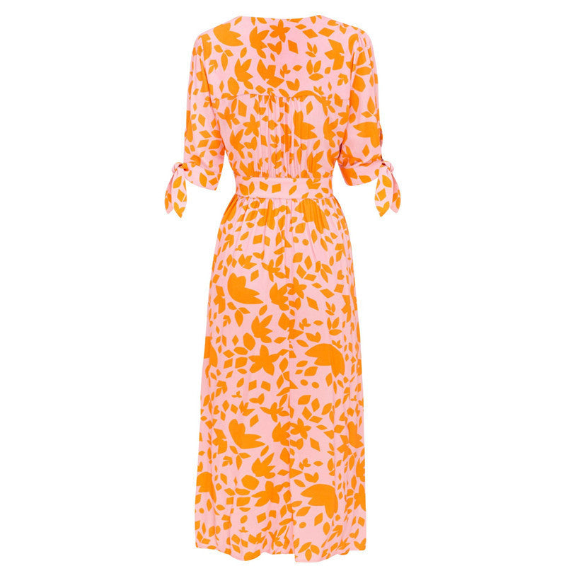 V-neck Five-point Sleeves Single-breasted Printed Dress - ANIBEY
