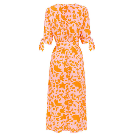 V-neck Five-point Sleeves Single-breasted Printed Dress - ANIBEY